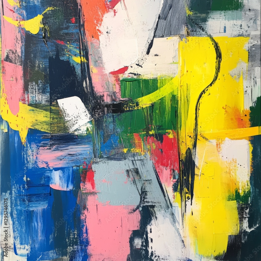 Poster Dynamic Strokes: A Vibrant Abstract Composition of Bold Colors and Textural Brushwork
