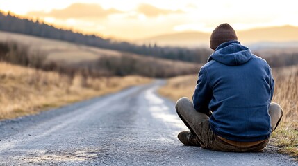 Solitary Man Sitting on Roadside at Sunset Reflecting on Life Journey in Peaceful Rural Landscape : Generative AI