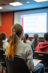 A financial aid workshop where students sit in rows, taking notes as an expert explains scholarship opportunities. A projector displays key points on a screen, Generative AI 