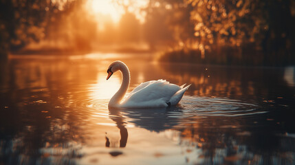 Fototapeta premium Majestic Swan at Golden Hour Serene Lake Sunset Water Reflection