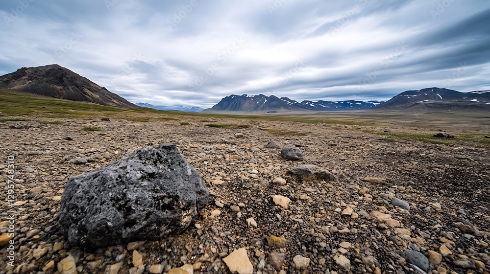 Poster expansive high desert landscape under dramatic gray clouds in remote wilderness : generative ai