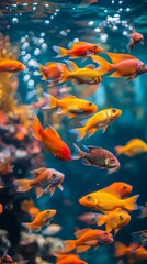 Colorful fish glide gracefully through a pristine aquaculture setting, displaying their vivid hues against a backdrop of sparkling water and aquatic plants