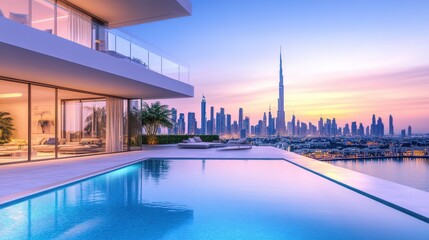 Obraz premium Modern luxury architecture in Dubai, stylish penthouse apartment with large balcony and swimming pool, scenic of city skyline with skyscraper at sunset, landmark iconic tower background. 3d modern ar
