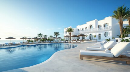 Sea view.Luxury modern white beach hotel with swimming pool. Sunbed on sundeck for vacation home or hotel. Generative ai Edited