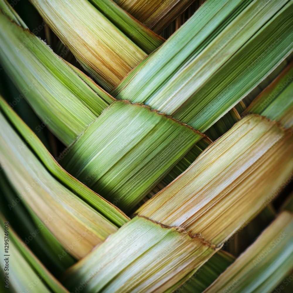 Poster intricate weaving: a close-up of interwoven green and brown palm leaves creating a textured, natural