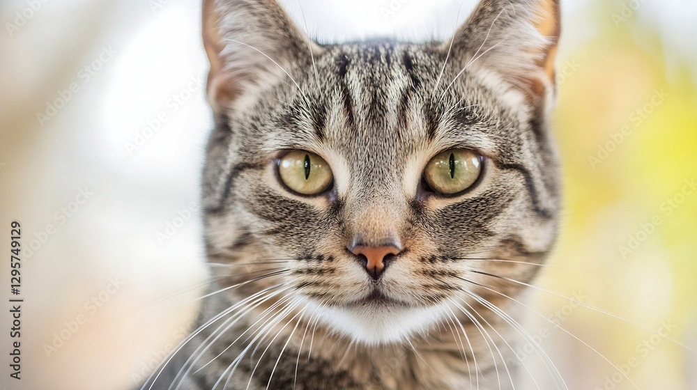 Poster close-up portrait of an adorable brown tabby cat with green eyes in soft focus : generative ai