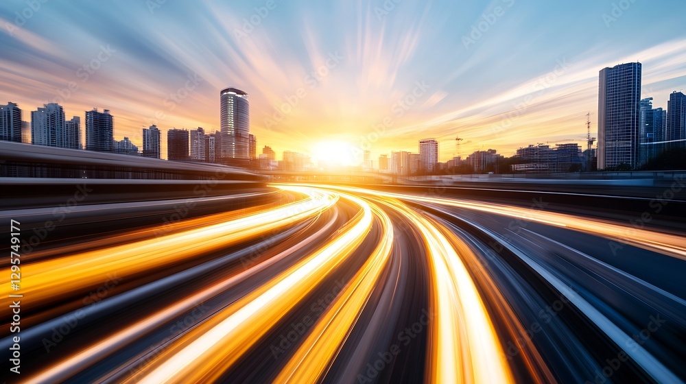 Poster dynamic sunset over cityscape with light trails on curved road : generative ai