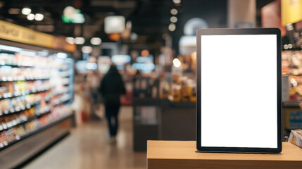Blank digital screen mockup for advertisement, placed near the checkout counter in a modern supermarket, with visible shoppers in the blurred background