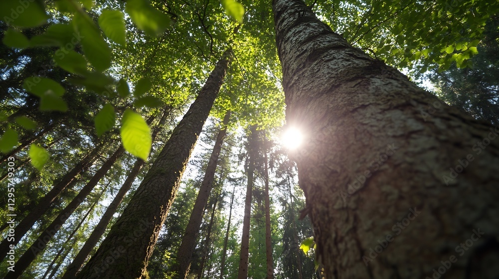 Poster Sun shining through tall trees in a lush green forest creating a magical and serene atmosphere : Generative AI
