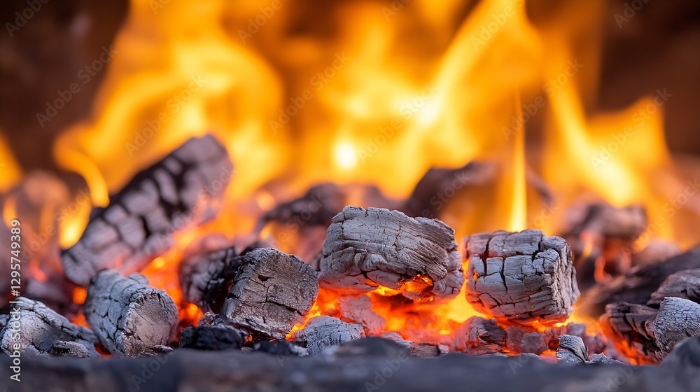 Poster Fiery Flames and Glowing Charcoal Briquettes Creating a Warm Inviting Atmosphere : Generative AI