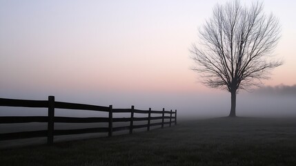 Obraz premium Misty Morning Landscape with Isolated Tree and Fence in Pastel Colors : Generative AI