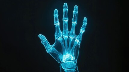 X-ray of a human hand with fingers spread wide, glowing blue against black background.