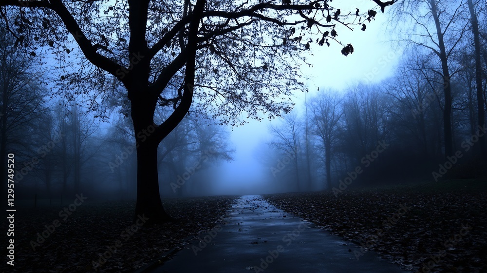 Poster Foggy Landscape with Bare Trees and Empty Pathway at Dusk : Generative AI