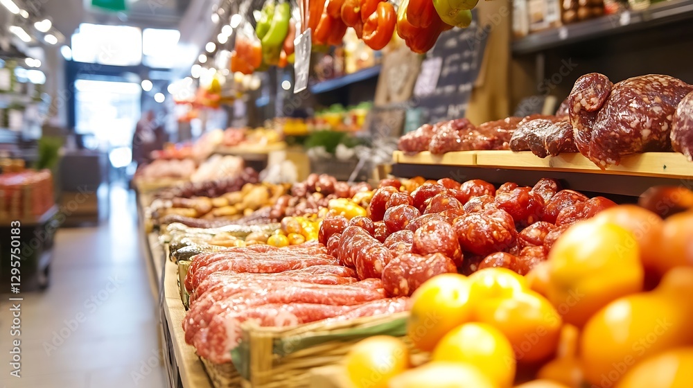 Aufkleber vibrant marketplace display of fresh fruits and vegetables in a colorful grocery store : generative 