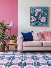 Patterned carpet in pink and blue living room interior with sofa against white wall with painting