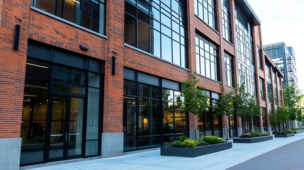 Charming urban building with red brick exterior and large windows : Generative AI