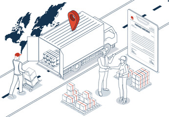 Export and Import Business concept shown through a business handshake over contract documents at a container terminal. Represents global logistics networks and transportation services.