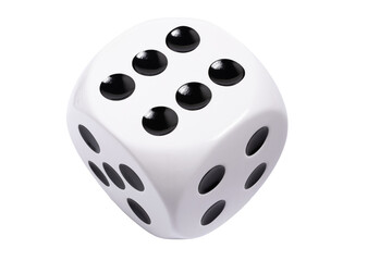 Isolated large white die with black dots on transparent background, template of dice, gambling addiction or table game concept, PNG