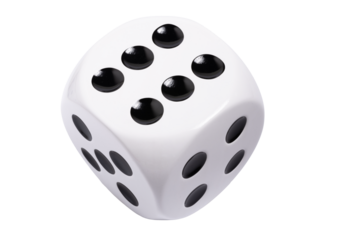 Isolated large white die with black dots on transparent background, template of dice, gambling addiction or table game concept, PNG