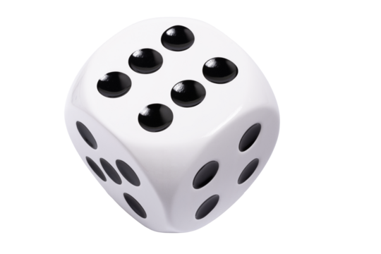 Isolated large white die with black dots on transparent background, template of dice, gambling addiction or table game concept, PNG - Powered by Adobe