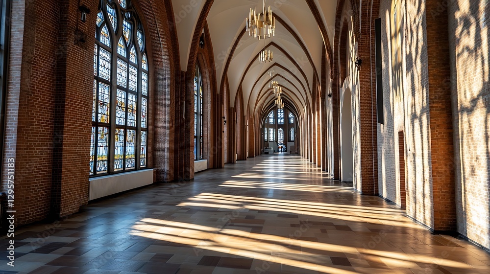 Poster architectural masterpiece of an elegant hallway with stunning light patterns : generative ai