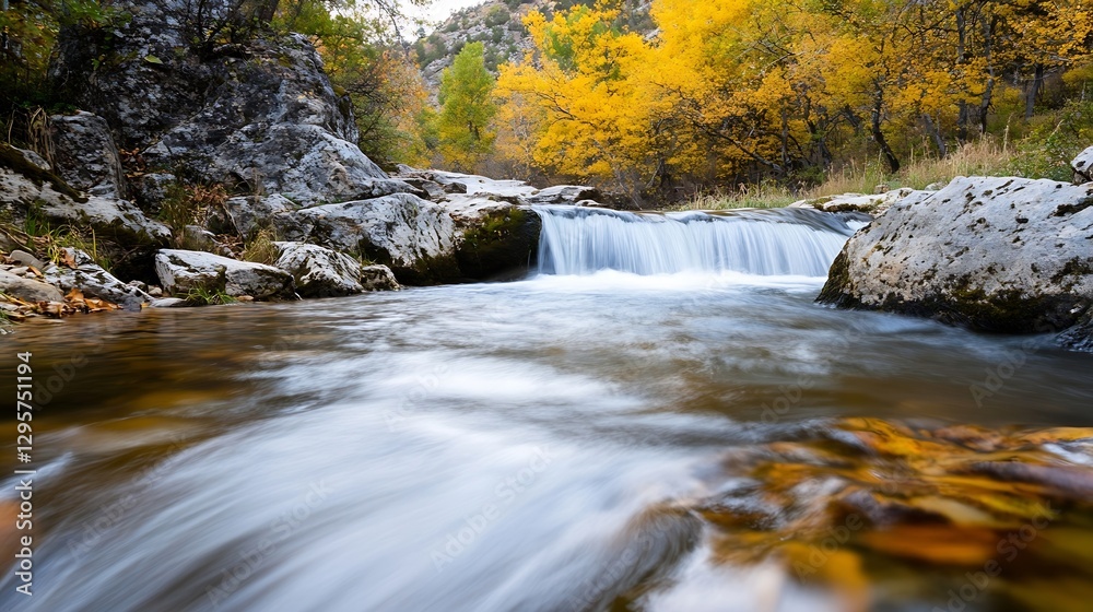 Poster serene mountain stream surrounded by autumn foliage with flowing waterfall : generative ai