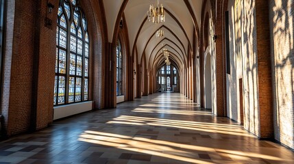 Obraz premium Architectural Masterpiece of an Elegant Hallway with Stunning Light Patterns : Generative AI