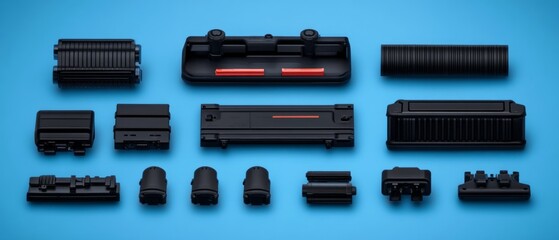 Flatlay of black components on blue background