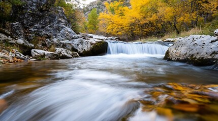 Serene Mountain Stream Surrounded by Autumn Foliage with Flowing Waterfall : Generative AI