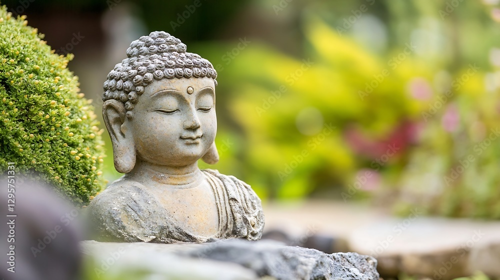 Aufkleber peaceful buddha statue in tranquil garden setting with lush greenery and soft focus background : gen