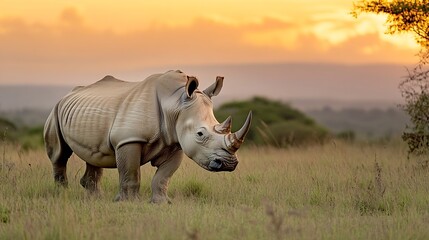 Fototapeta premium Majestic Rhino Standing Proudly Against a Vibrant Sunset in the Savanna : Generative AI
