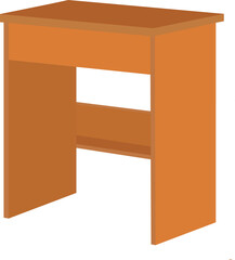 A wooden table with a shelf on top. The table is brown and has a shelf on top