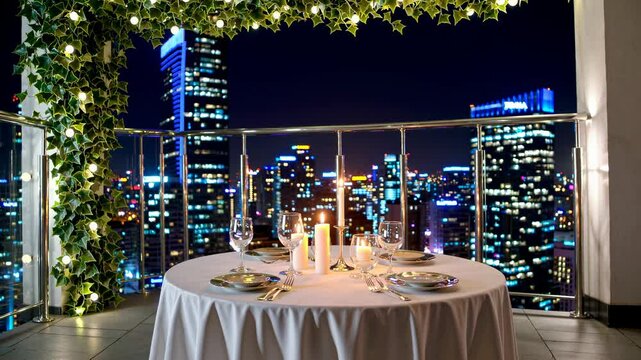 A beautifully arranged table for two with elegant dinnerware and candles is set on a balcony. The stunning skyline glows with city lights against a dark sky, creating a romantic atmosphere.