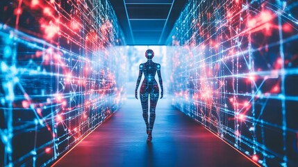 Futuristic humanoid robot walking through a digital corridor with glowing data visuals
