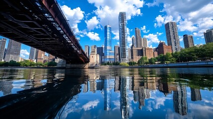 Fototapeta premium Dynamic skyline of a city reflecting on a calm river with dramatic clouds above : Generative AI