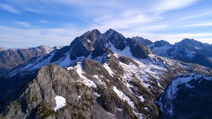 Dramatic aerial view of rugged mountain peaks surrounded by snow and blue sky : Generative AI