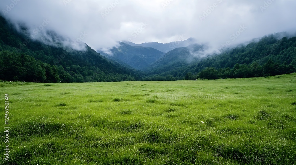 Poster wide open green meadow surrounded by mountains and clouds : generative ai