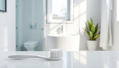 A toothbrush with toothpaste on it placed on a bathroom counter, emphasizing dental hygiene	
