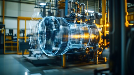 Fototapeta premium Futuristic industrial facility showcasing a holographic turbine engine amidst machinery