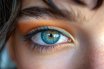 Obraz premium Vibrant close-up of a blue eye with colorful eyeshadow and detailed eyelashes
