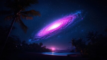 A Cosmic Galaxy Reflects Above a Tropical Beach Landscape