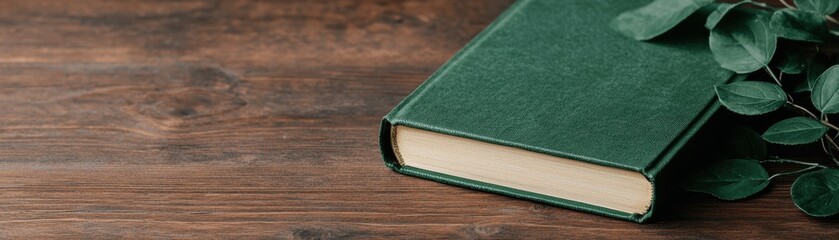 Fototapeta premium A green book rests on a wooden surface, accompanied by green leaves, creating a serene and inviting atmosphere.