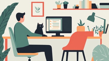 Man makes his cat work on a computer. People work and earn online now. Digital life is common. Home is both work and comfort zone. Break for work.