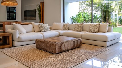 Fototapeta premium Elegant and Cozy Living Room Design Featuring Soft Sofa and Natural Elements : Generative AI