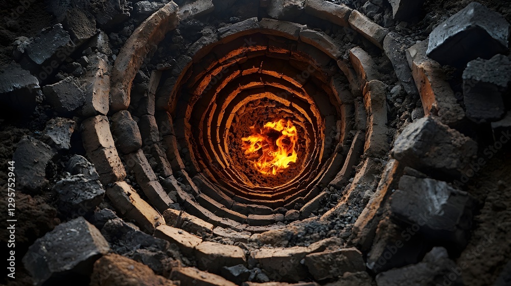 Poster A captivating image showcasing a spiral arrangement of glowing coals creating a mesmerizing flow of light and warmth  The concentric patterns and vibrant hues evoke a sense of energy and primal power