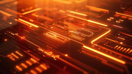 Obraz premium Abstract digital interface with orange and white elements. Digital artwork of macro photograph of motherboard or electrical circuit with glowing orange. Technology and innovation concept. Chip. AIG53.