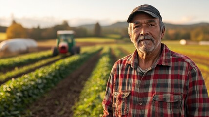Obraz premium Elderly Farmer in Plaid Shirt Standing Confidently in Green Field with Tractor in Background During Golden Hour at Rural Farm Landscape