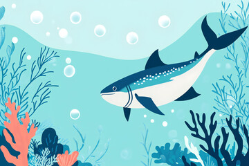 Obraz premium A stylized underwater scene featuring a sleek bluefin tuna (Thunnus thynnus) swimming among coral and bubbles.