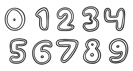 Stroke black mathematical digits from 0 to 9 font collection set. Vector illustration in hand drawn doodle style isolated on white background. For birthday, learning, card, logo, sales, decorating.