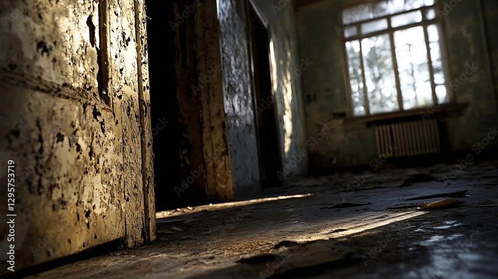 Aufkleber Dimly lit abandoned room with peeling walls and sunlight streaming in through a window : Generative AI